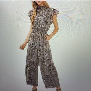 NWT $99 1 STATE Leopard Print Cap Sleeve Smocked Waist Mock Neck Jumpsuit 2X